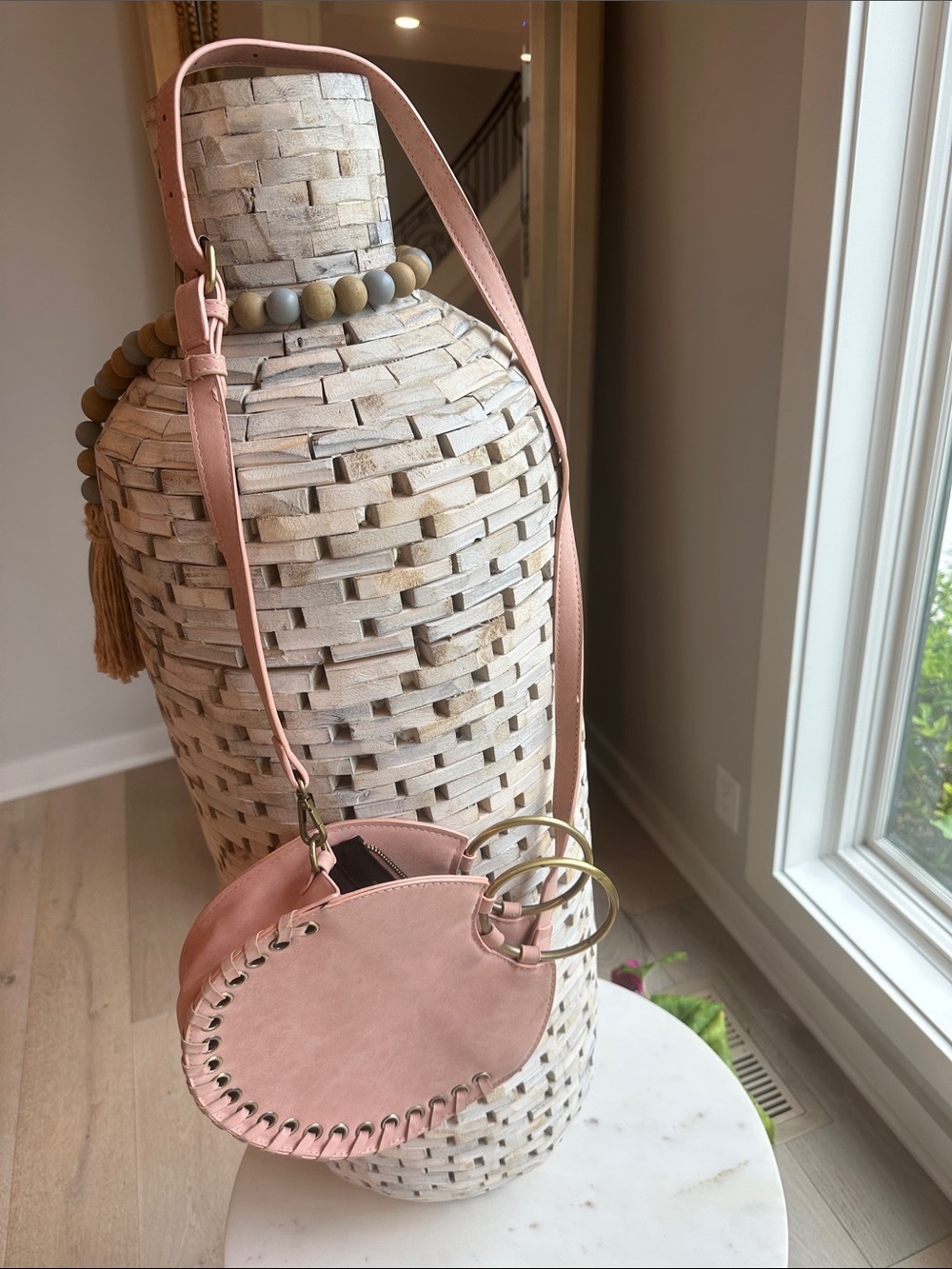 Anthropologie Pink Round Crossbody with Double Ring Handle